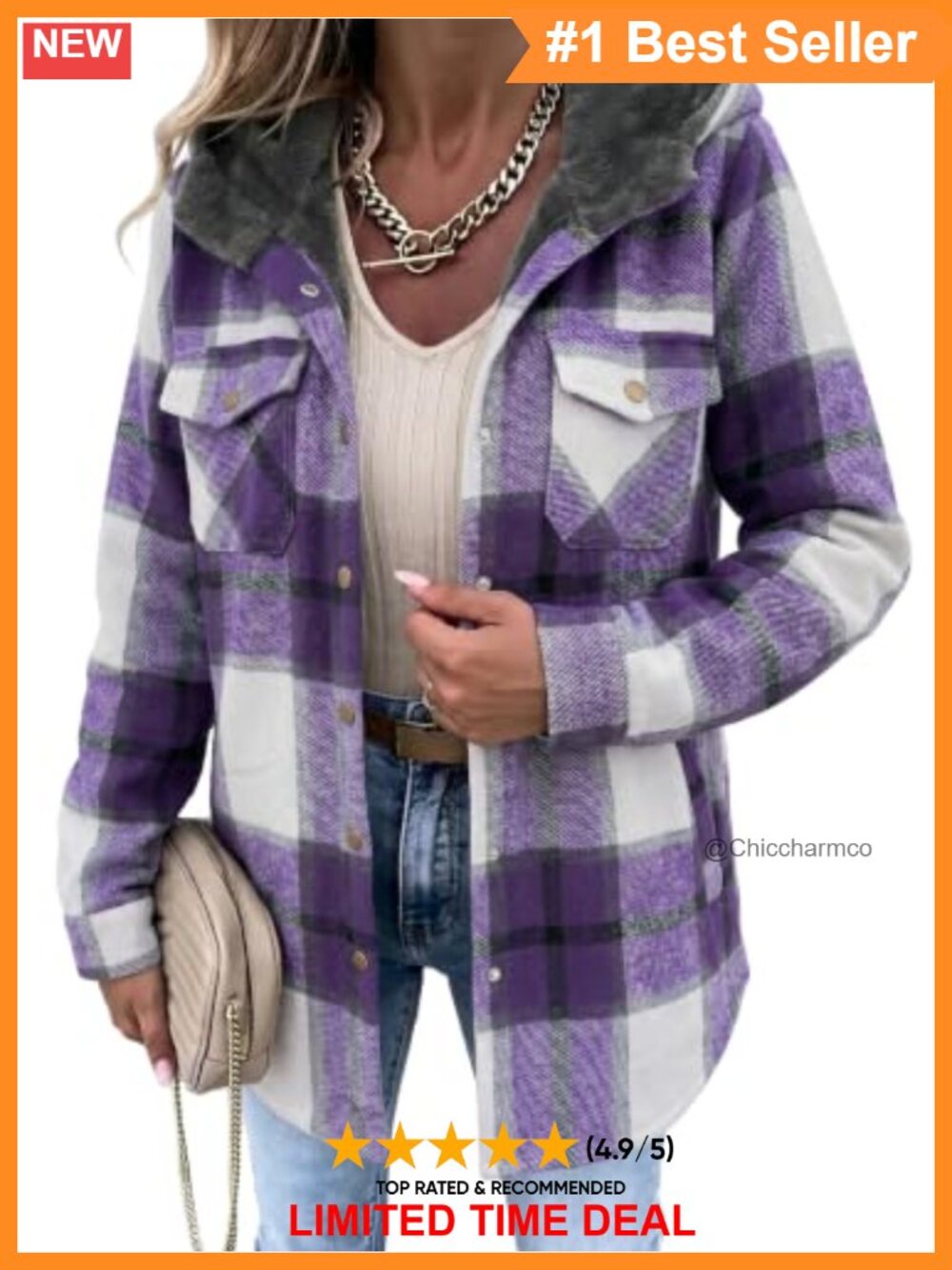 Sherpa Lined Plaid Shacket Hooded Button Front Casual Jacket